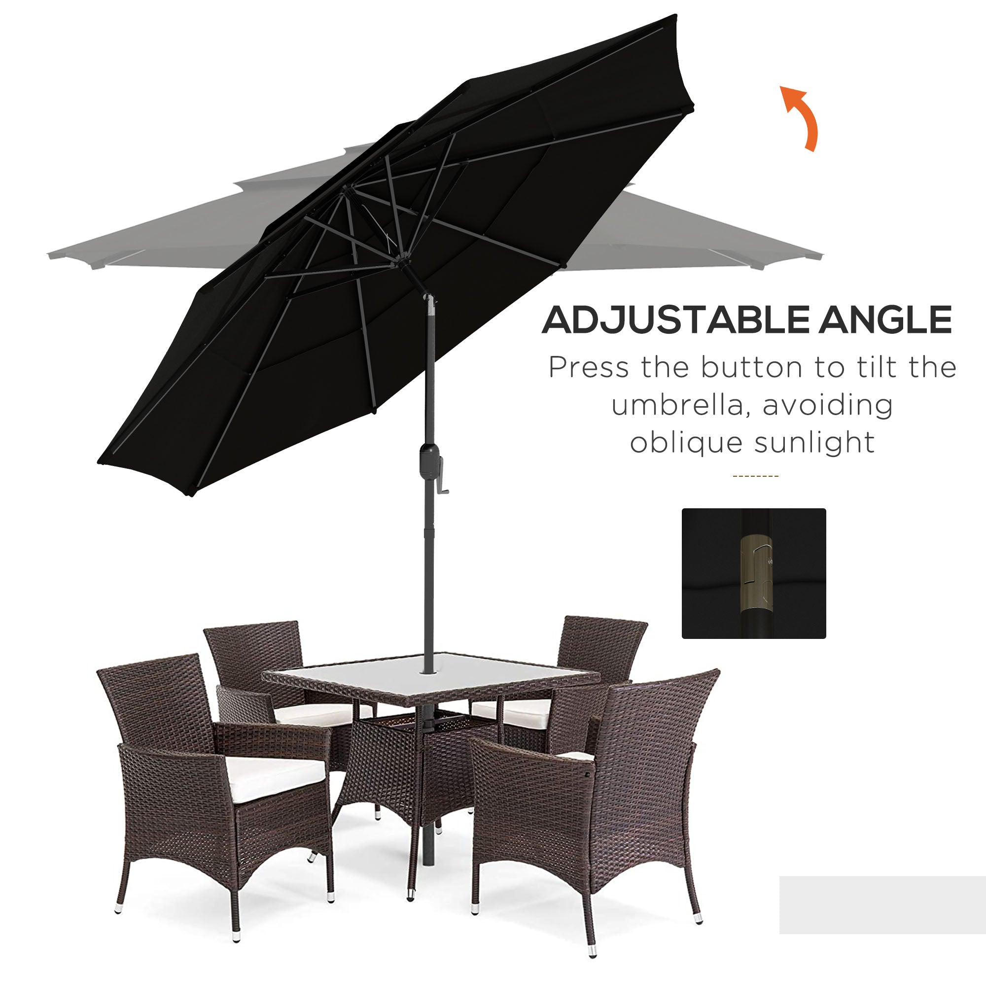 Outsunny 9FT Black Patio Umbrella 3 Tiers with Crank, Push Button Tilt for Outdoor Comfort on Deck, Backyard & Lawn - Find Shade 