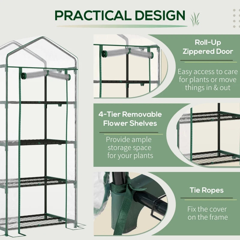 Portable Greenhouse with 4 Tier Shelves Outdoor Hot House, Steel Frame, PVC Cover, 28" x 20" x 63", Transparent