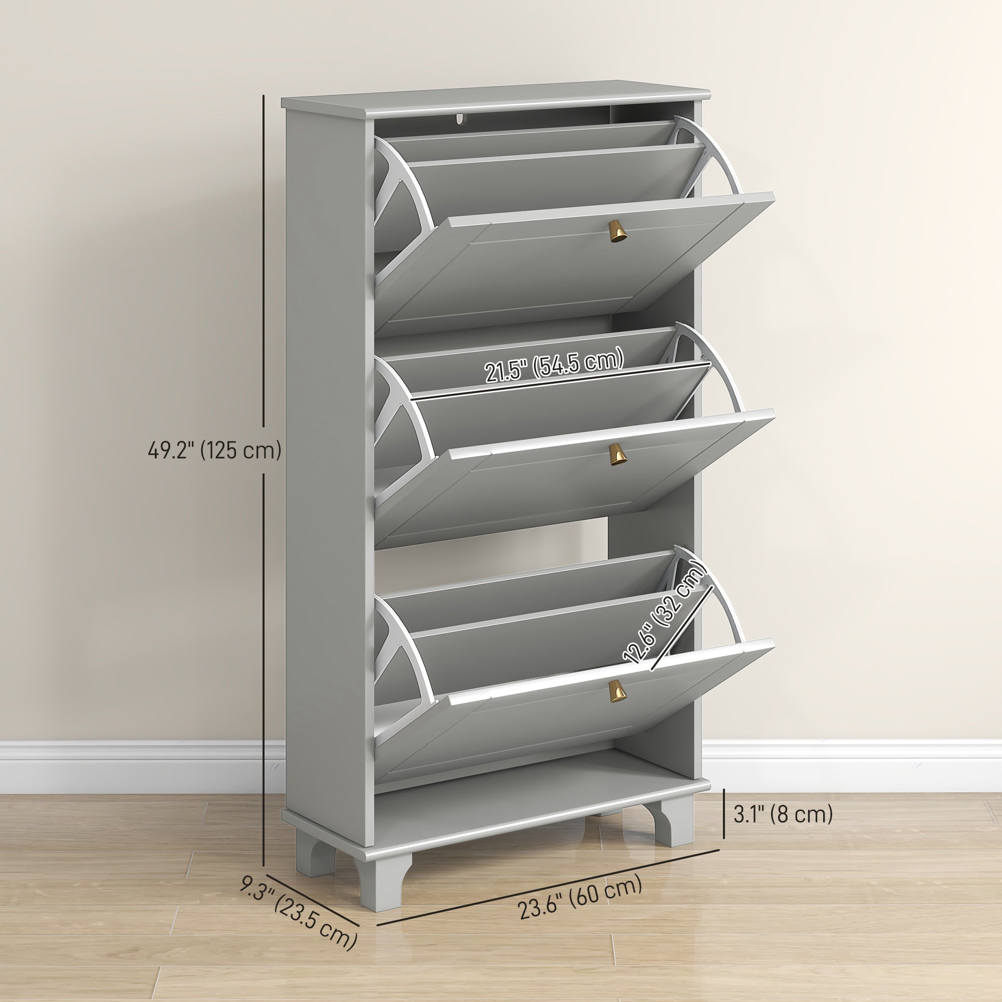 HOMCOM Narrow Shoe Storage with 3 Flip Drawers and Adjustable Shelves, Shoe Cabinet Organizer for 12 Pairs of Shoes, Grey 