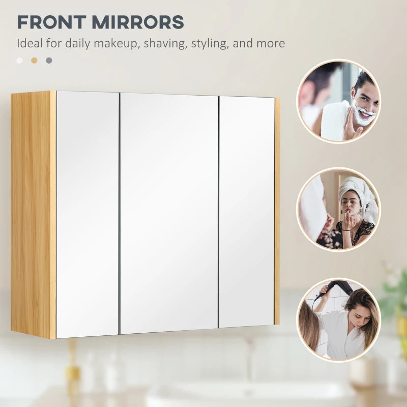 Wall Mounted Medicine Cabinet with Mirror Wall Mirror Cabinet with 3 Doors and Adjustable Storage Shelves Gray