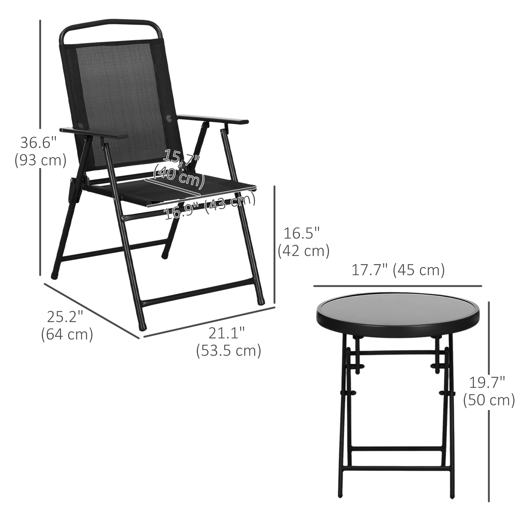 Outsunny 3 Pieces Bistro Set, Foldable Patio Furniture Set with Mesh Chairs, Glass Table for Garden, Balcony, Black 