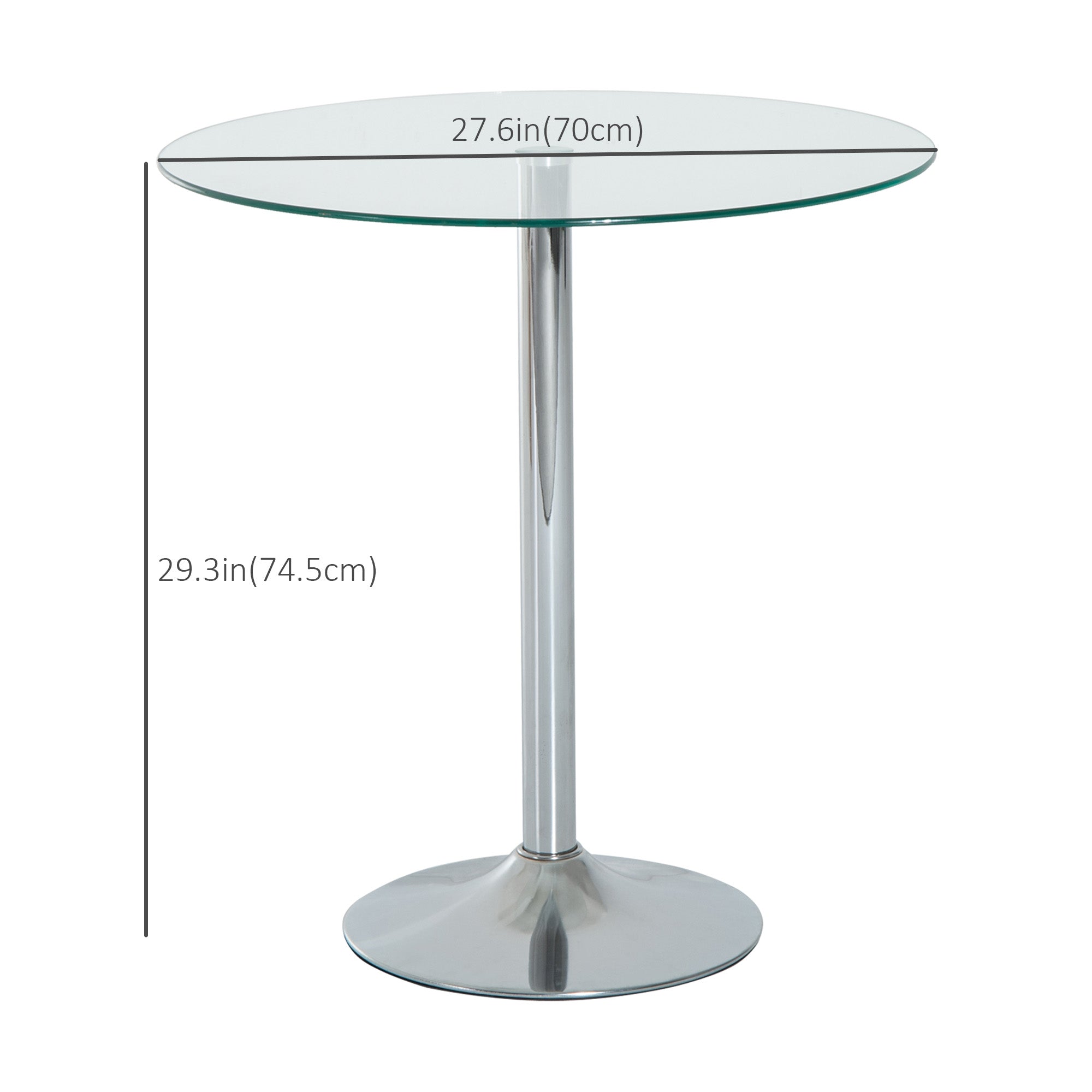 HOMCOM Compact Dining Delight: Round Pub Table with Tempered Glass Top, Silver Metal Base for Small Spaces 