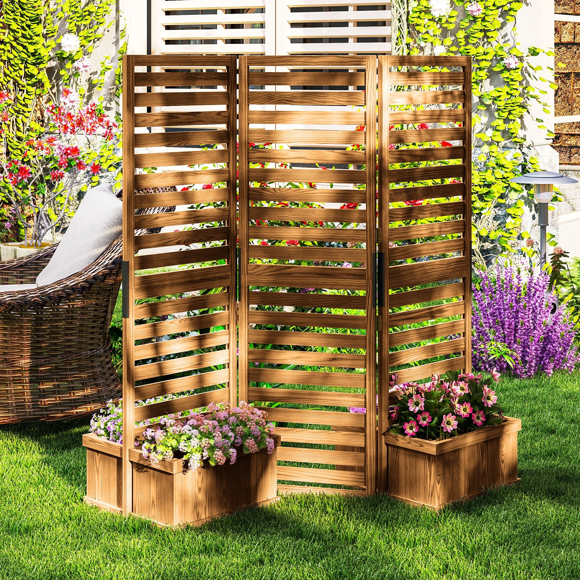 Outsunny Outdoor Wood Privacy Screen with Planter Boxes 3 Panel Raised Bed Drainage Holes Privacy Panel 