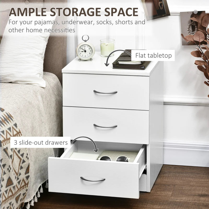Bedside Table with 3 Drawers, Modern Wood Nightstand, Side Table with Anti-tipping Design for Bedroom, White
