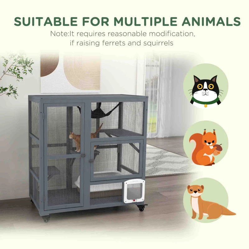 Cat Condo Wooden Indoor Cat House on Wheels with Cat Flap Door Platforms Hammock Openable Top for 2 Cats, Light Grey