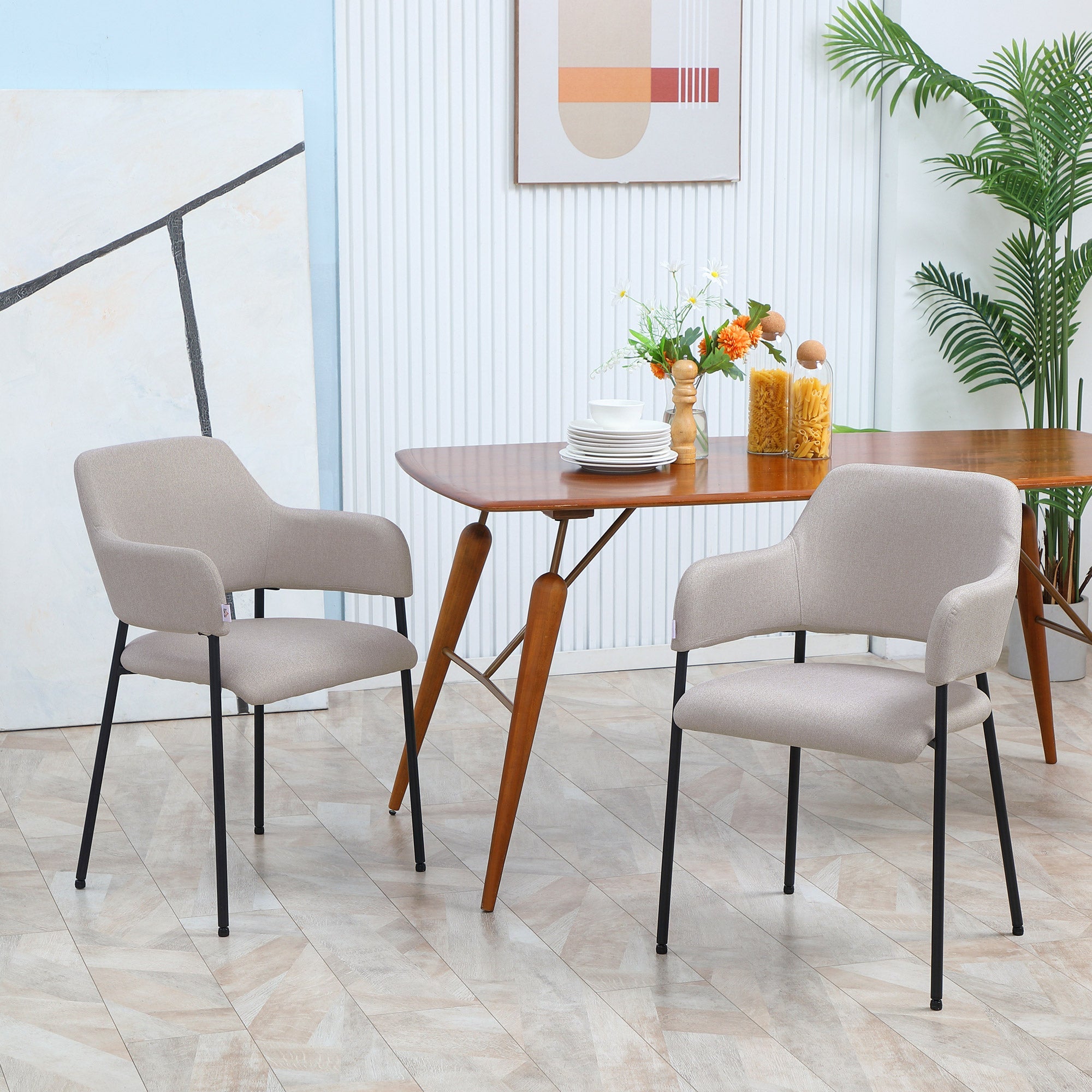 HOMCOM Modern Dining Chairs Set of 2, Linen-Touch Fabric with Armrests and Steel Legs, Accent Kitchen Chairs for Living Room Comfort 