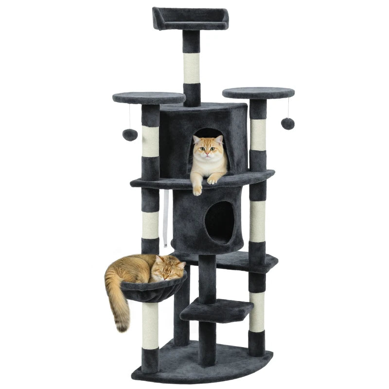 62" Cat Tree with Scratching Post, 2 Condos, Hammock, Perches, Plush, Pompoms, for Indoor Cats, Dark Grey