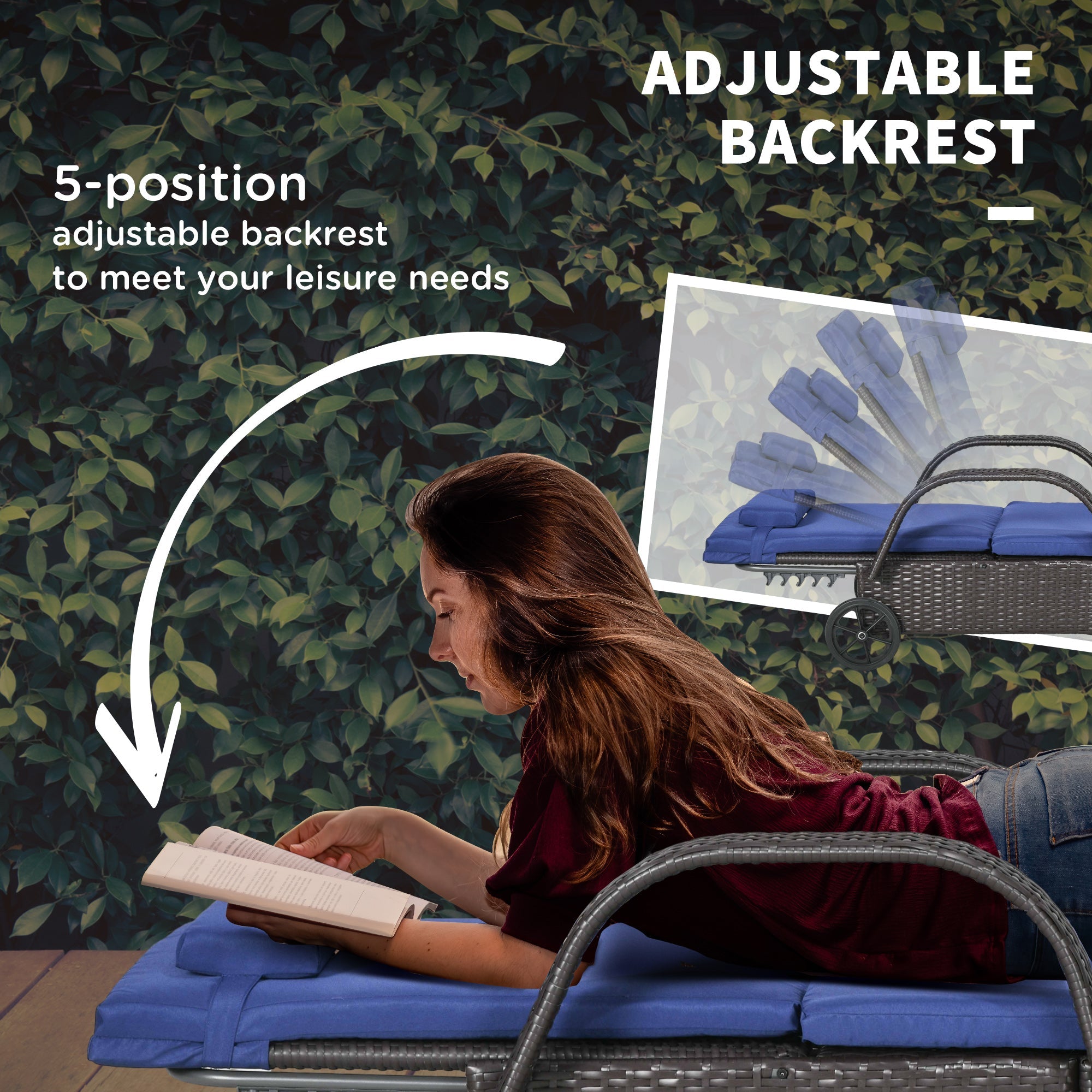 Outsunny Outdoor Lounger Deck Chair with Headrest 5-Level Adjustable Backrest Wheels Deep Coffee Navy Blue 