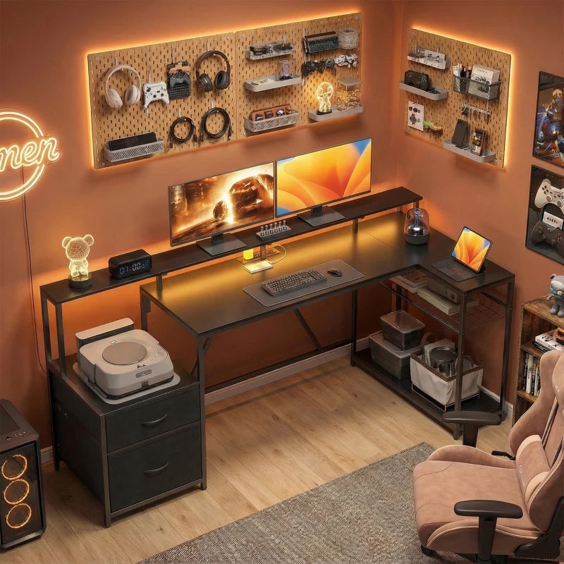 76" Gaming Desk, Reversible Computer Table with RGB Lights, USB Ports, Monitor Stand and 2 Fabric Drawers, Black