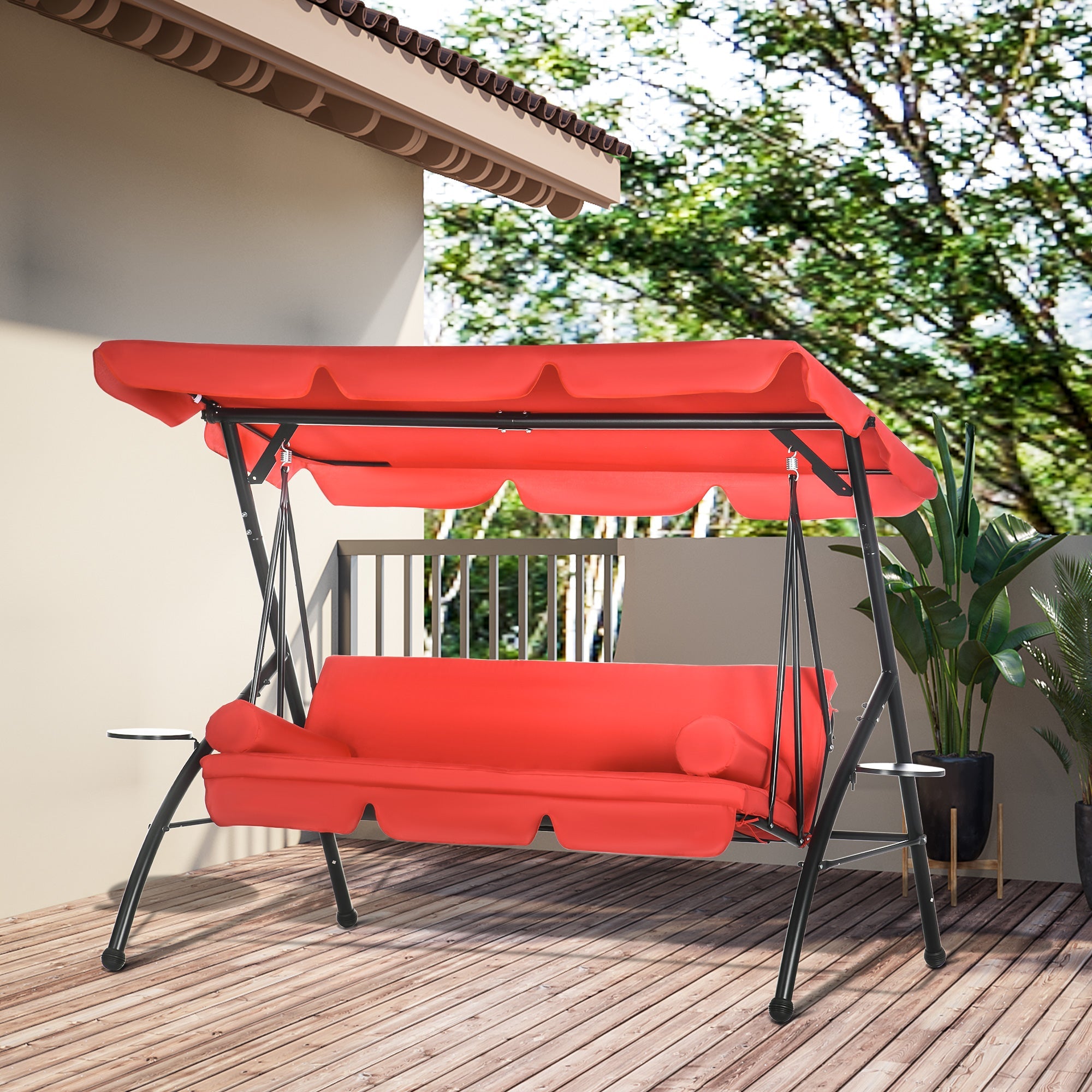 Outsunny 3-Seat Outdoor Patio Swing Chair: Converting Flat Bed, Canopy Glider with Adjustable Shade, Removable Cushion, Pillows 