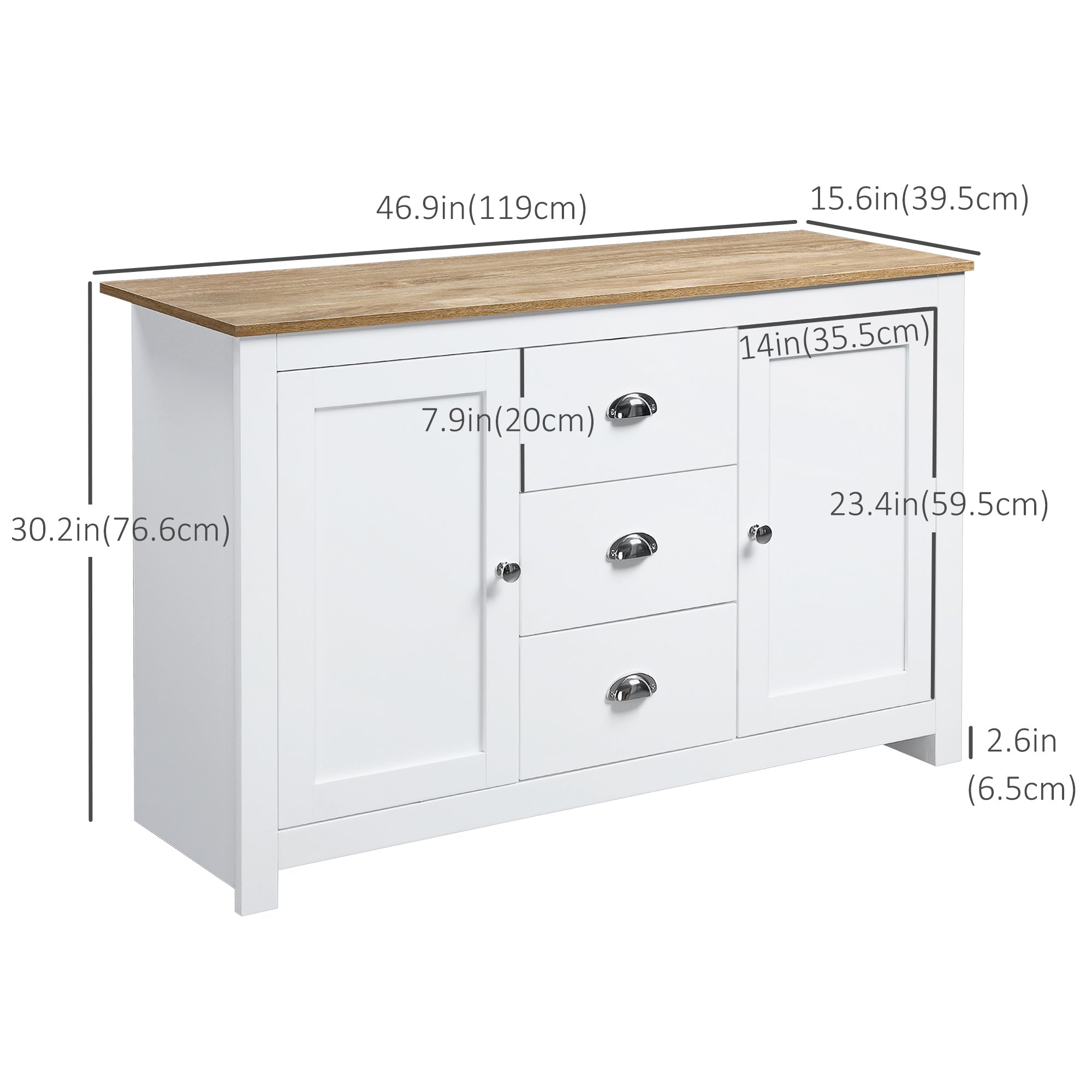 HOMCOM Modern White Buffet Cabinet: Sideboard Bar Cabinet with 3 Drawers and Adjustable Shelves for Kitchen 