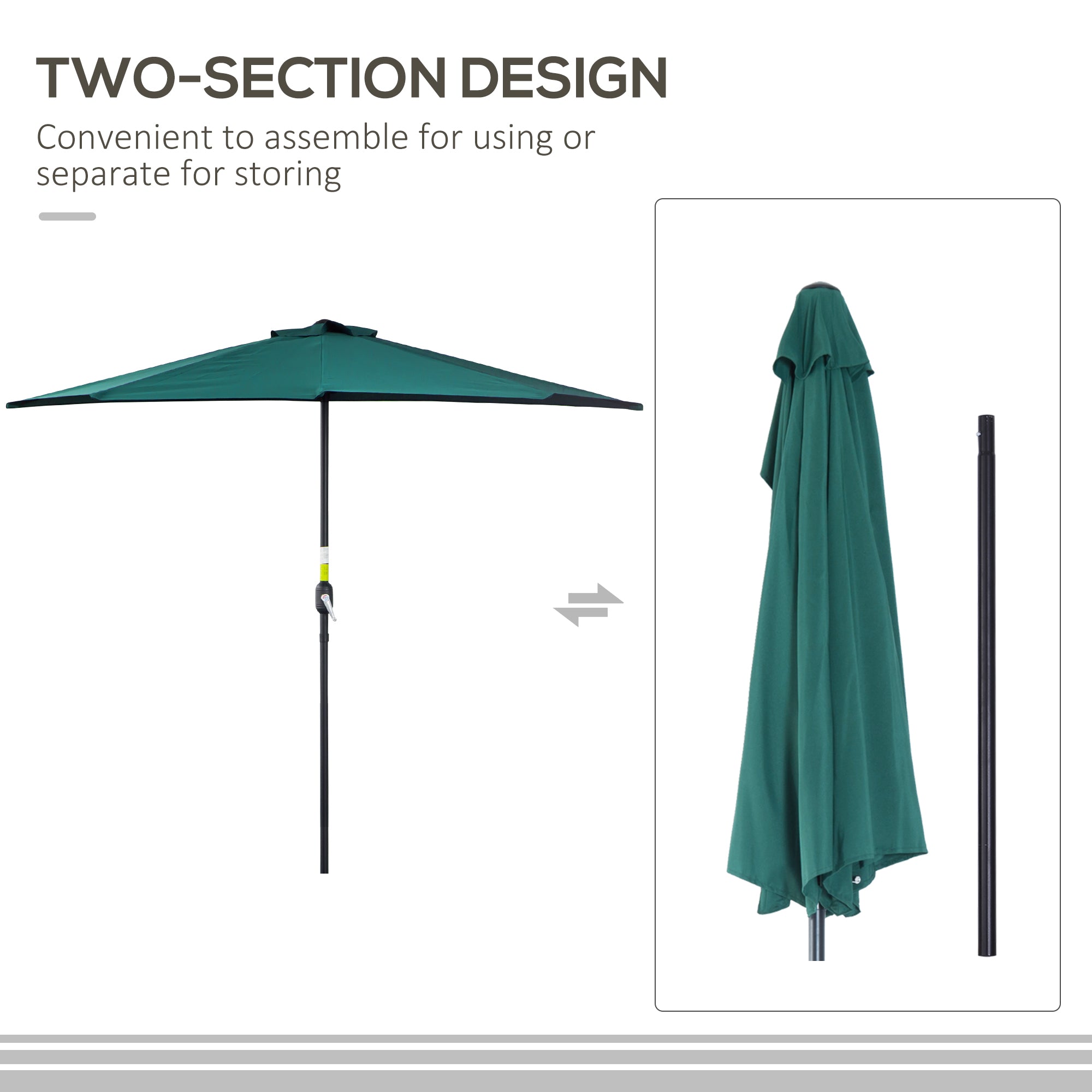 Outsunny Balcony Umbrella: 9ft Half Round Patio Garden Parasol Sun Shade Dark Green 