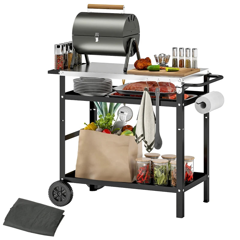 BBQ Stand with Stainless Steel Top Adjustable Shelf, Outdoor BBQ Station with Hooks Seasoning Tray Towel Rack