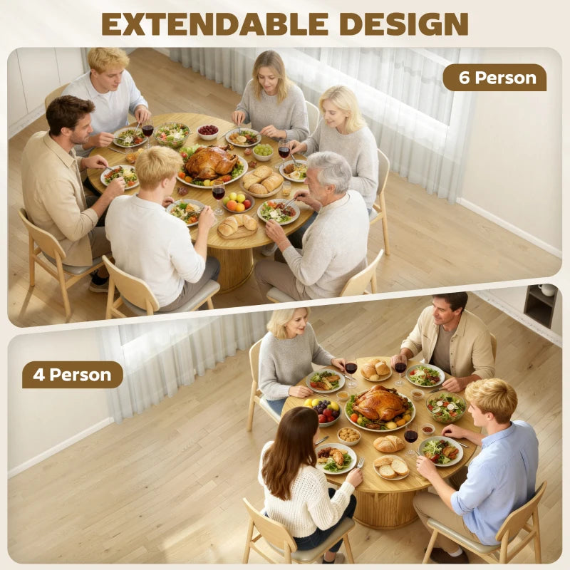 Extendable Dining Table for 6, 60" Farmhouse Kitchen Table with 2-Tier Storage Shelf and Fluted Sliding Doors, Natural