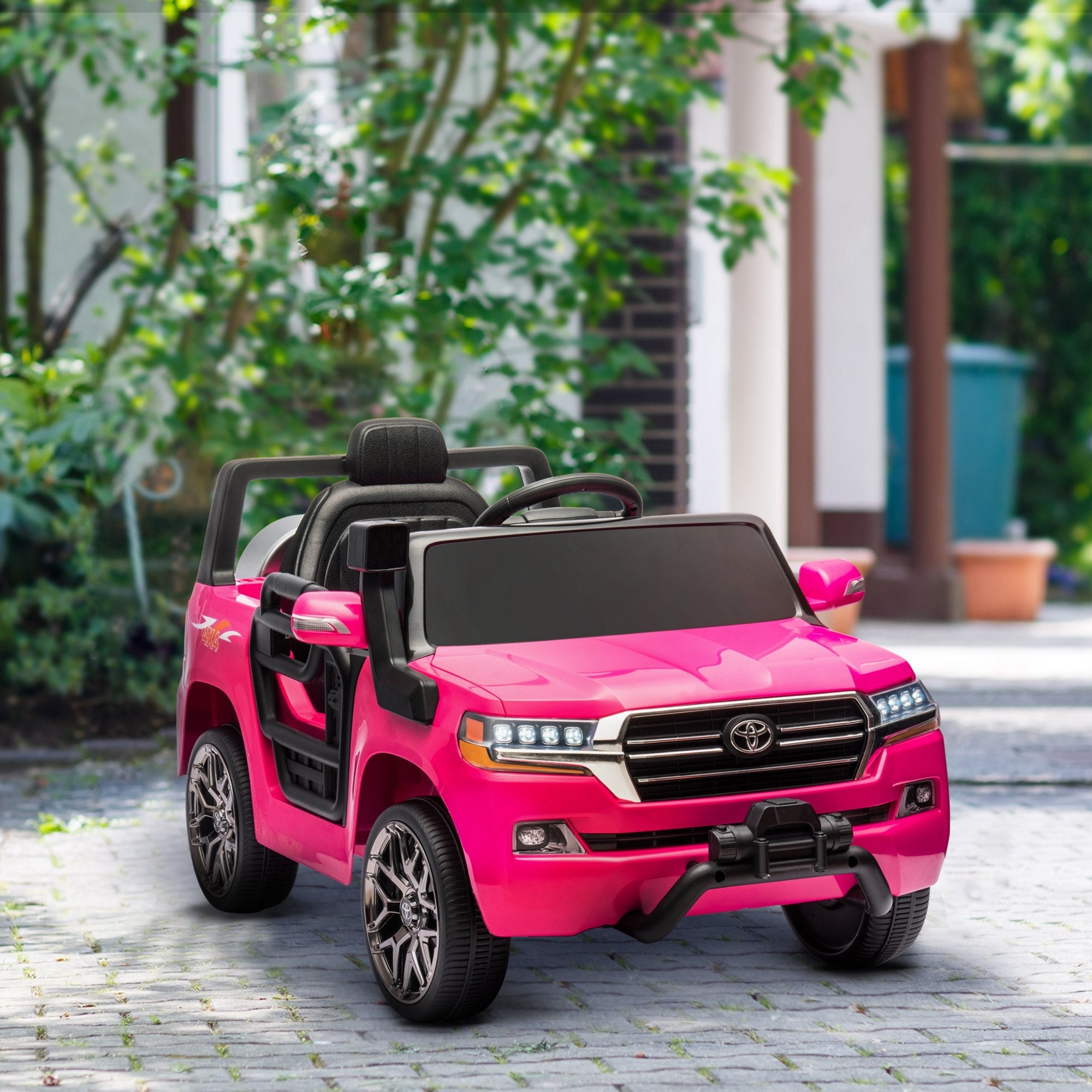 Qaba 12V Toyota LAND CRUISER Licensed Kids Car w/ Remote Control, Four Wheel Spring Suspension, Soft Start, LED Light, Pink 