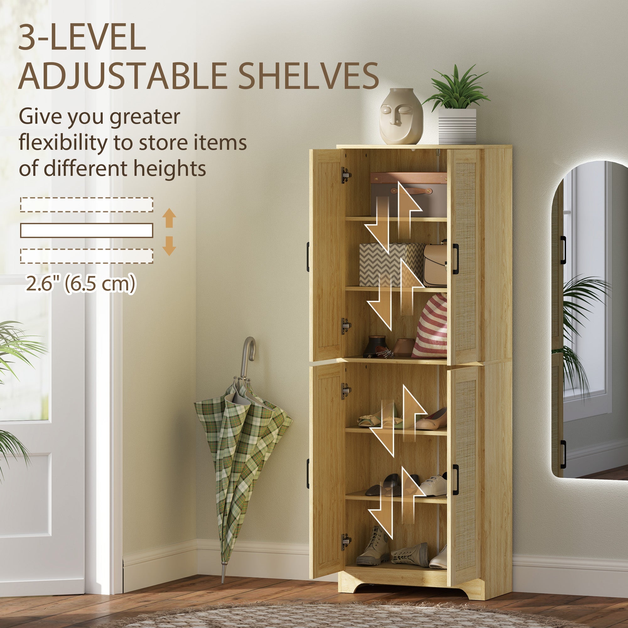 HOMCOM 67" Tall Kitchen Pantry, Freestanding Kitchen Storage Cabinet with 4 Rattan Doors and Adjustable Shelves, Oak 