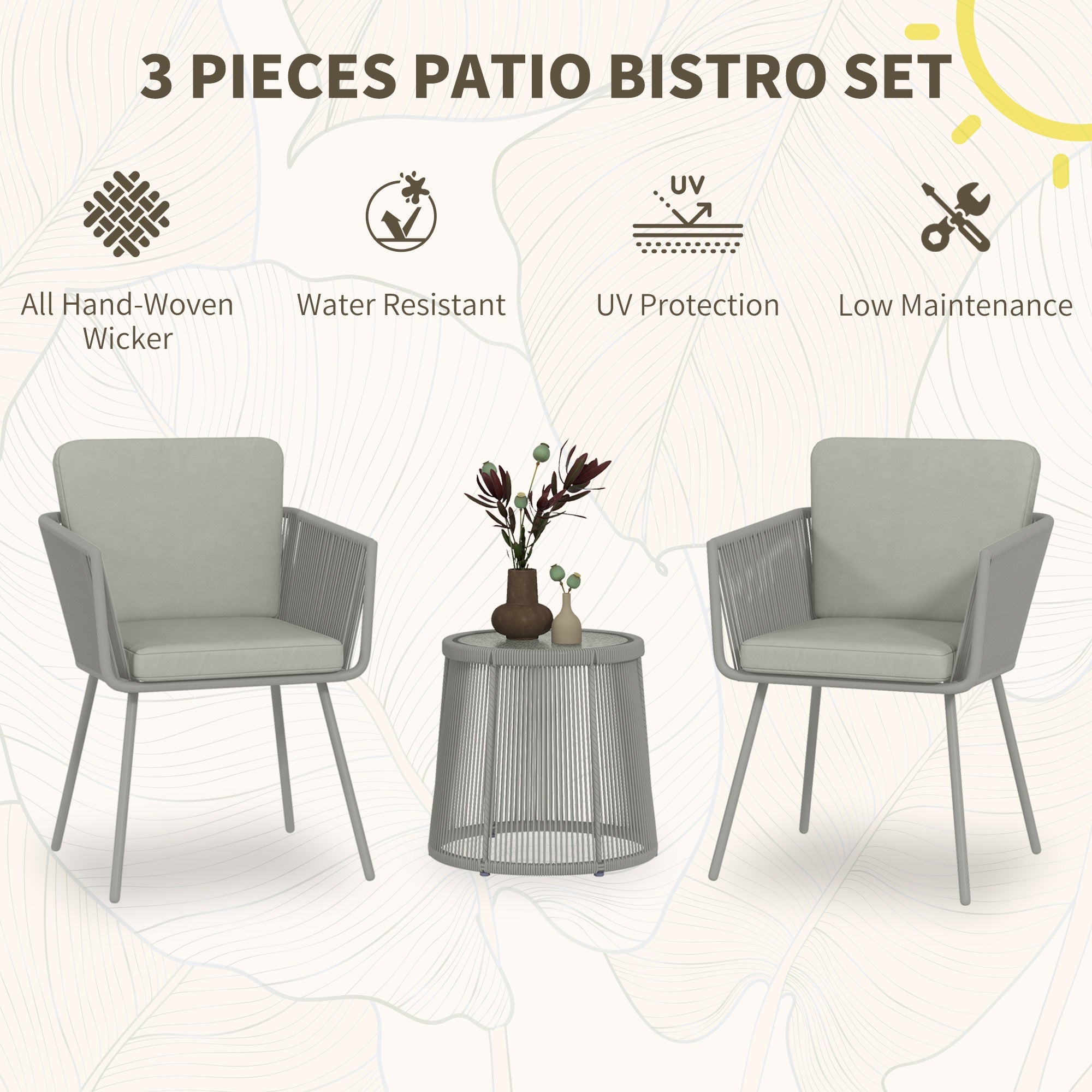 Outsunny 3 Piece Outdoor Patio Bistro Set, Wicker Rattan Furniture with Metal Legs for Garden, Backyard, Light Grey 