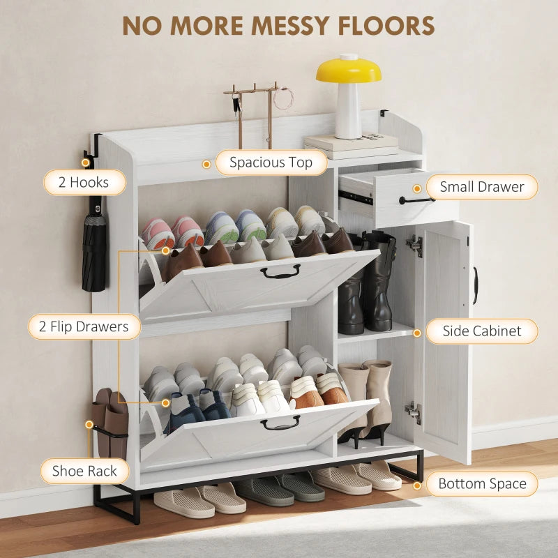 Farmhouse Shoe Storage Cabinet with Side Cabinet and Adjustable Shelves for Entryway, Hallway, Holds 12 Pairs, White
