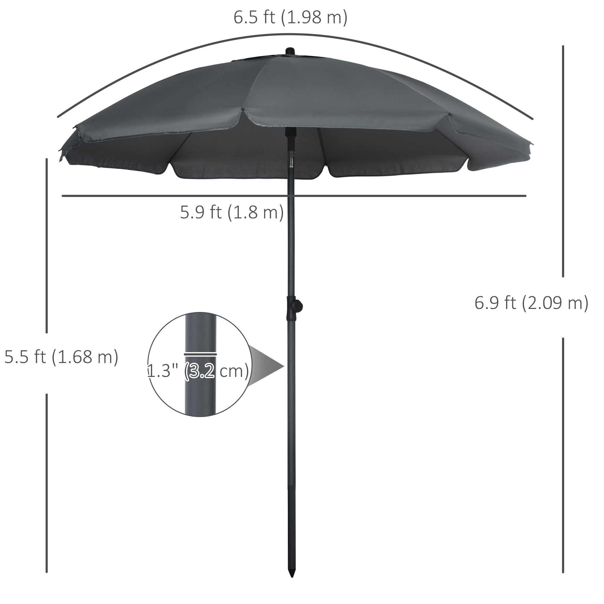 Outsunny 6FT Beach Umbrella Shade: UV50+ Vented Canopy Push Button Tilt Ruffled Dark Grey 