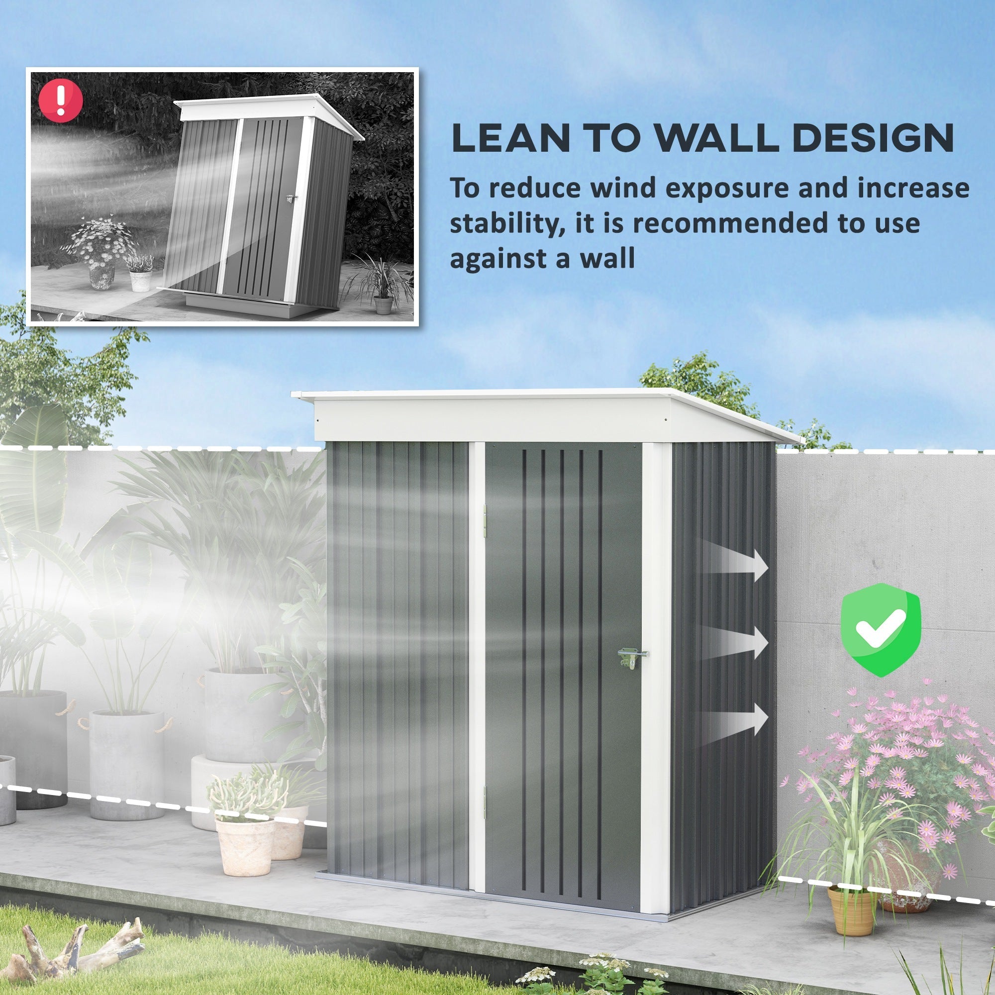 Outsunny Outdoor Storage Shed, Steel Lean-to Shed with Adjustable Shelf, Lock, Gloves, 5'x3'x6', Dark Grey 