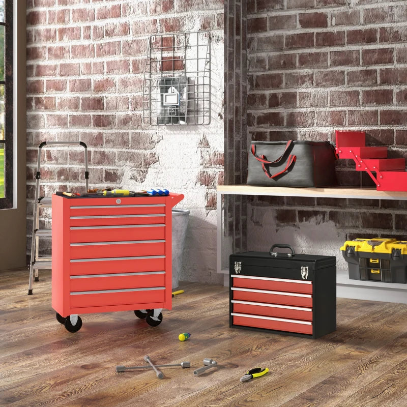 Lockable Tool Chest and Tool Box Set of 2, 7 Drawer Tool Cabinet with Wheels, 4 Drawer Portable Tool Chest with Handle for Garage, Factory, Workshop, Red