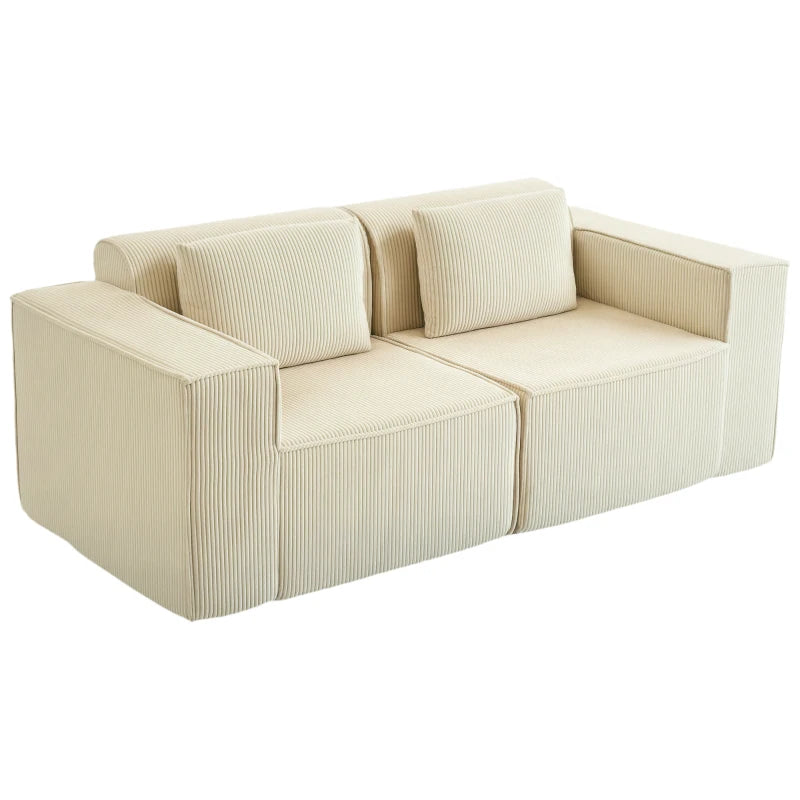 Boneless Couch, Corduroy 3 Seater Sofa with Deep Seat, Wide Armrests, 2 Pillows, Quick Assembly for Living Room, Beige
