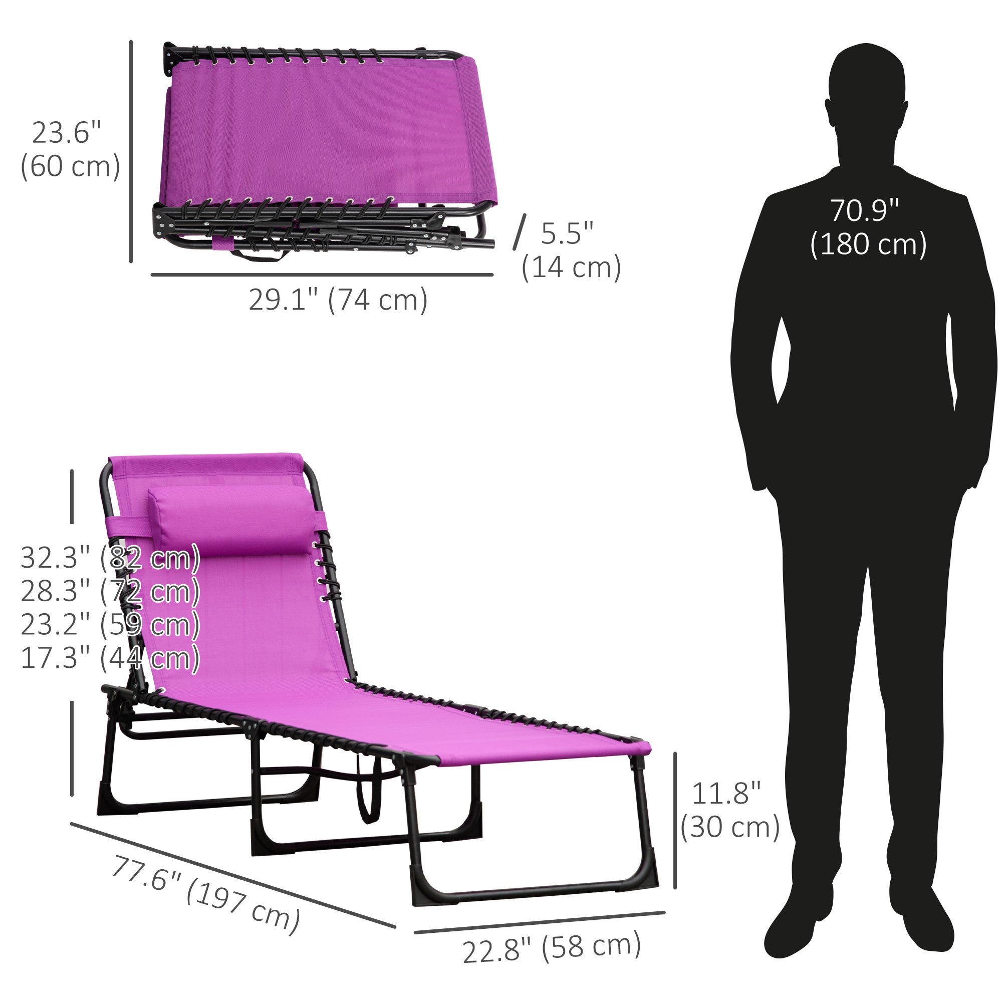 Outsunny Portable Folding Beach Bed 4-Level Adjustable Recliner Lounger Cot Purple Lightweight for Camping 