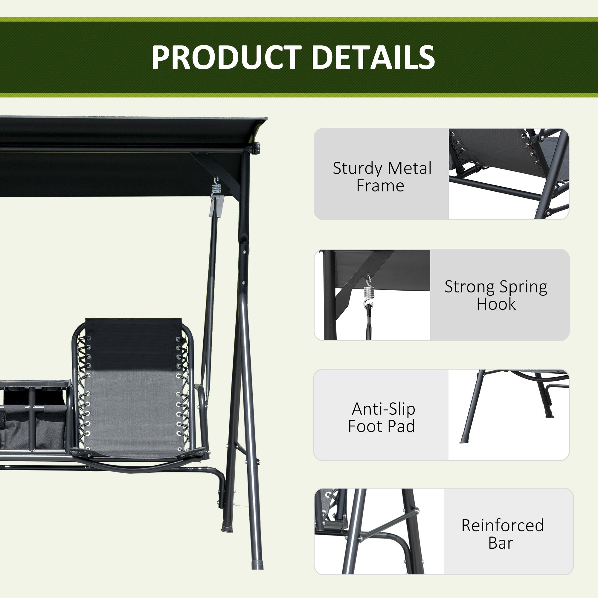 Outsunny 2 Person Covered Porch Swing Patio Swing with Pivot Storage Table, Cup Holder, & Adjustable Overhead Canopy, Black 