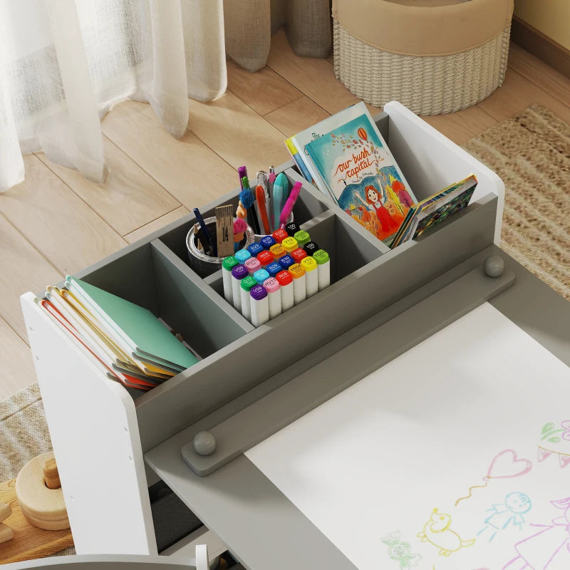 Qaba Kids Table and Chairs Set, Toddler Art Table and Chair Set with Paper Roll, Storage Shelves and Drawers, Grey