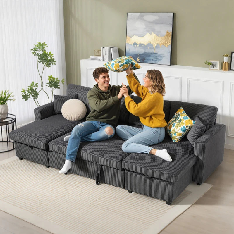 U-Shaped Convertible Sofa Bed with Storage Chaises – Dark Grey Corduroy Sleeper Couch with Pocket Springs & Pillows