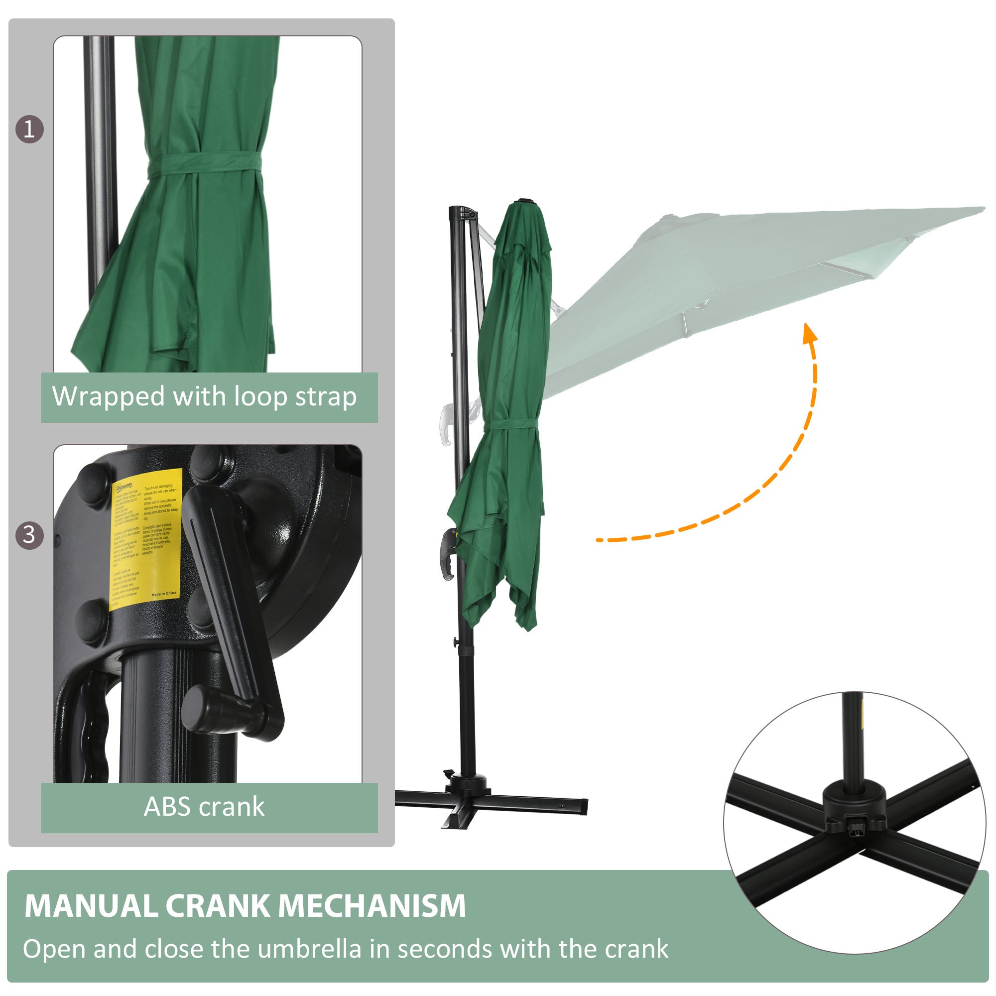 Outsunny Square Hanging Offset Patio Umbrella: 8'x8' Aluminum Cantilever Crank Parasol with 360° Rotation & Cross Base, Green 