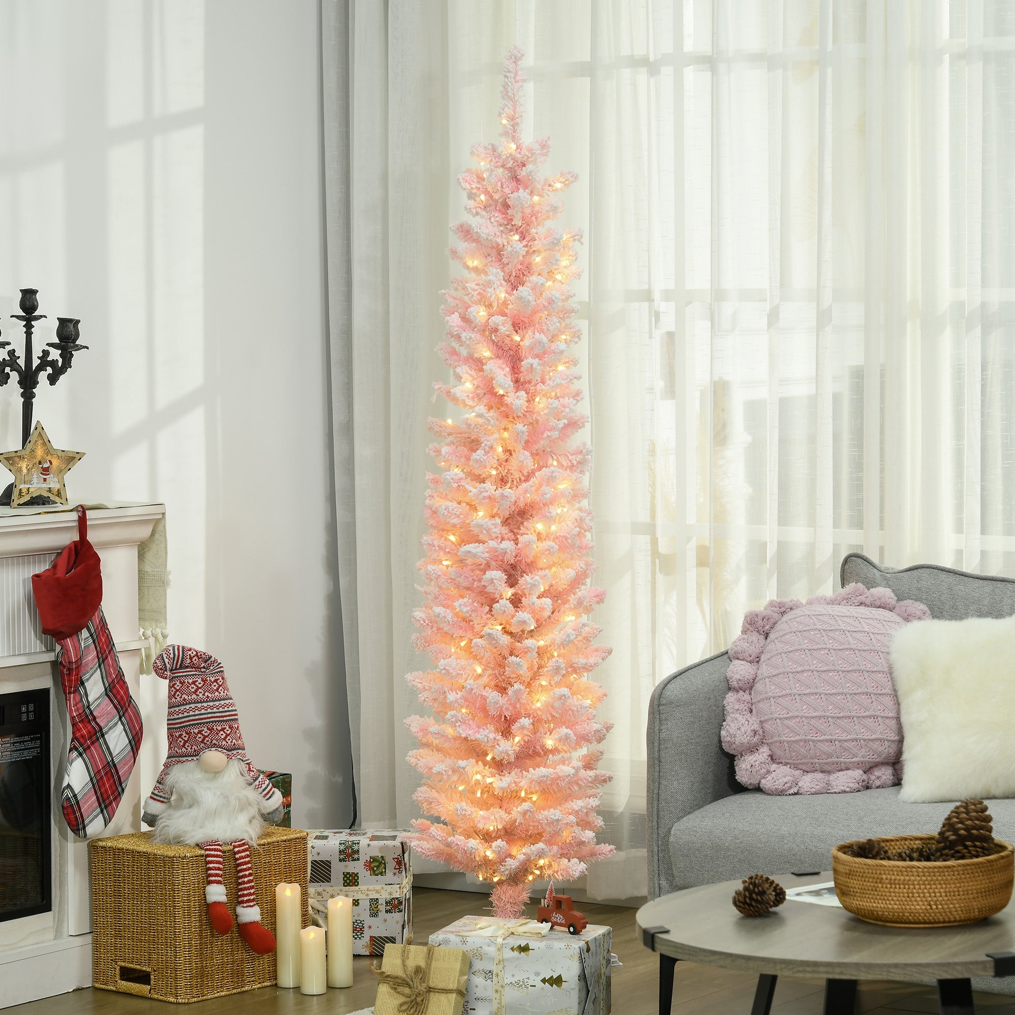 HOMCOM 6' Flocked Christmas Trees, Pencil Prelit Artificial Christmas Tree with Snow Branches, Pink 