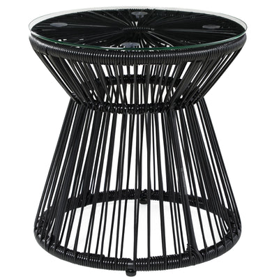 Outsunny Rattan Round End Table Modern Side Table with Glass Top, Hollow Drum Design for Patio, Garden, Balcony in Black 