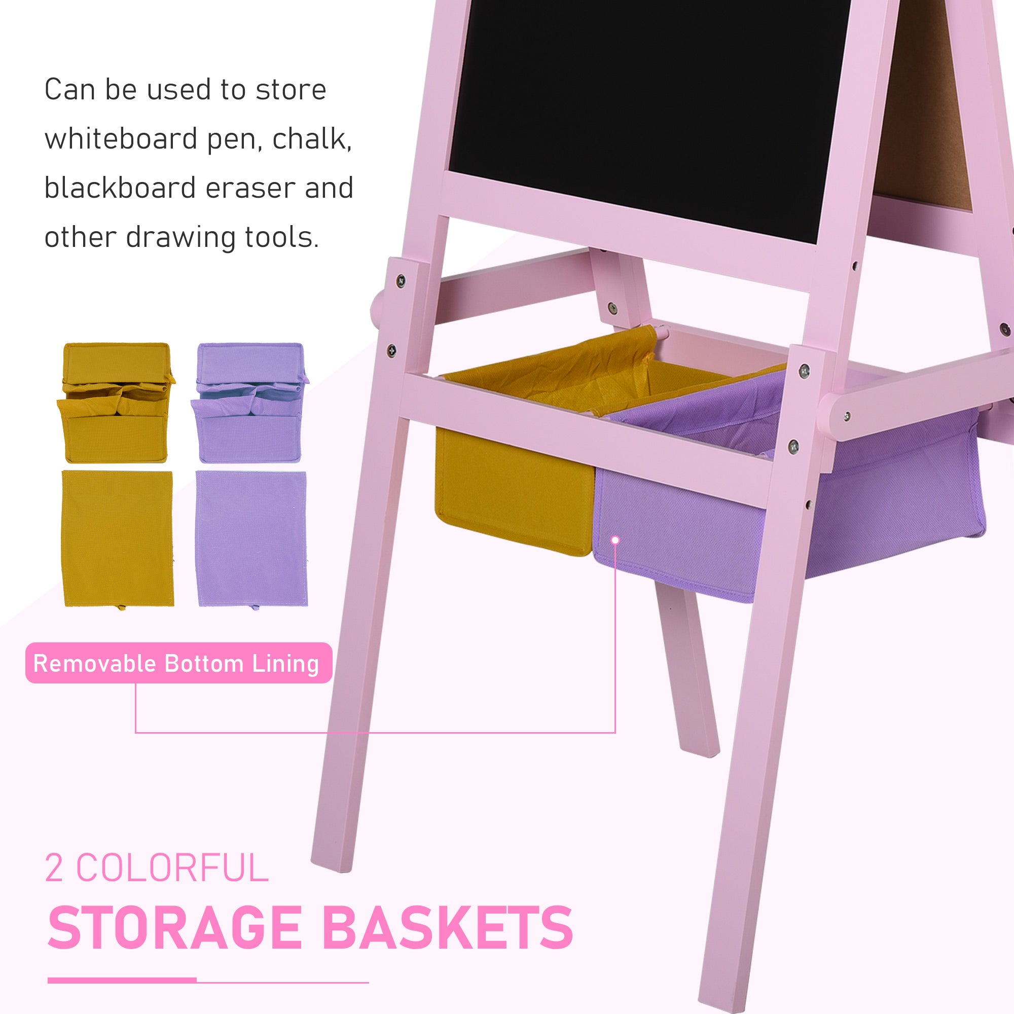 Qaba 3 In 1 Kids Wooden Art Easel w/ Paper Roll Double-Sided Chalkboard Whiteboard with Storage Baskets Gift for Toddler Age 3+ Pink 