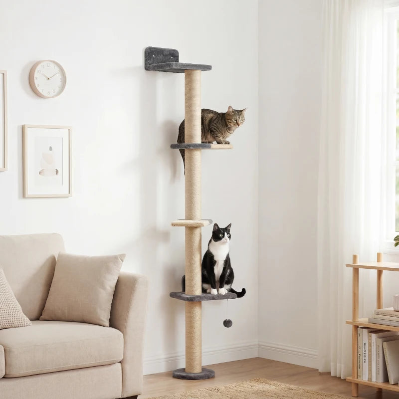 Cat Wall Shelves, Cat Wall Furniture with 4 Platforms, Jute Scratching Post for Indoor Playing, Climbing, Dark Grey
