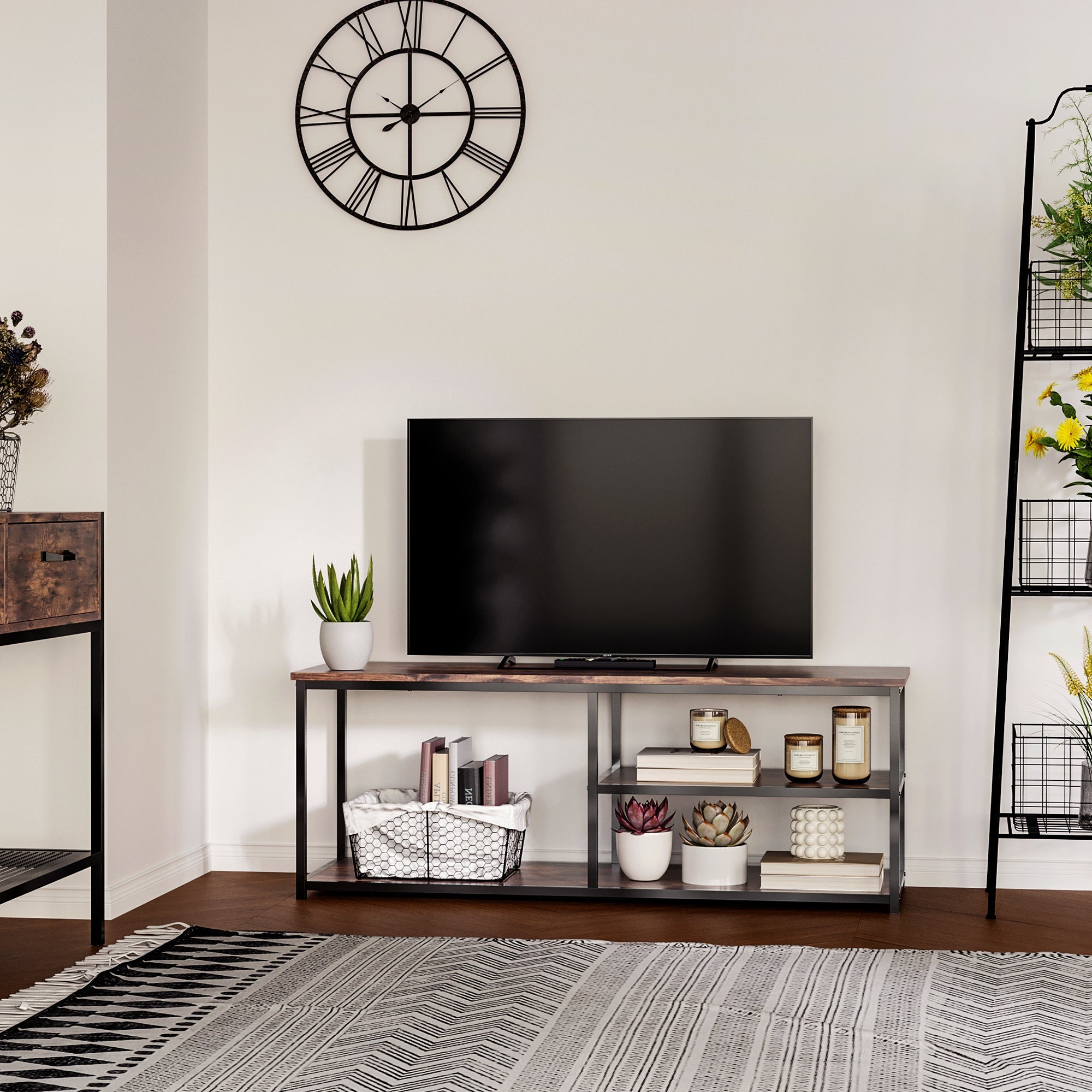HOMCOM Industrial Chic: TV Stand with Metal Frame, 2 Shelves, and Storage Cabinet, Perfect for Living Room Decor 