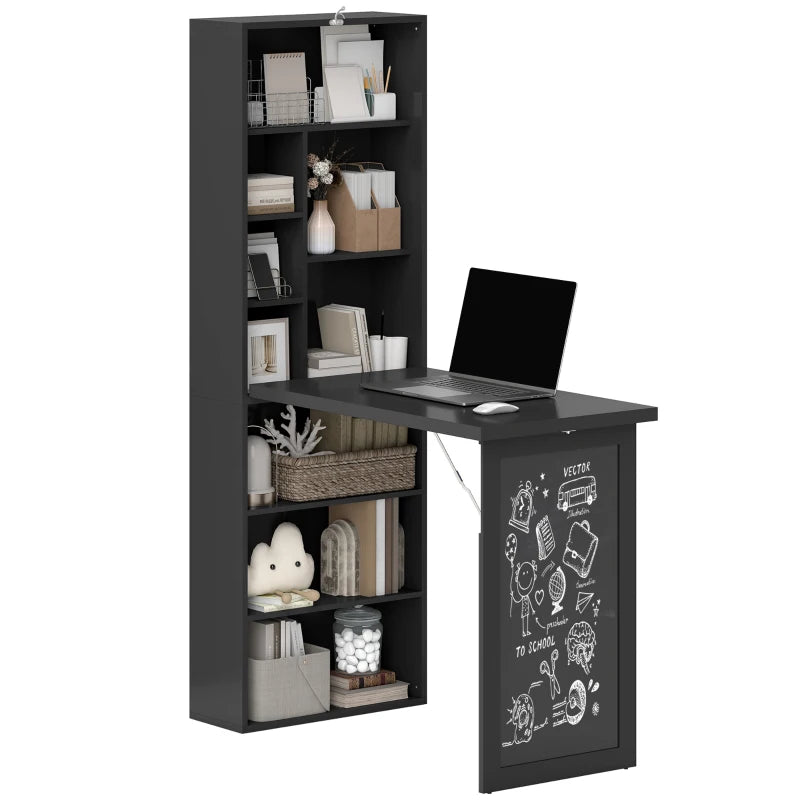 Fold-out Convertible Office Desk, Wall Mount Computer Desk with Blackboard and Side Shelf, Black