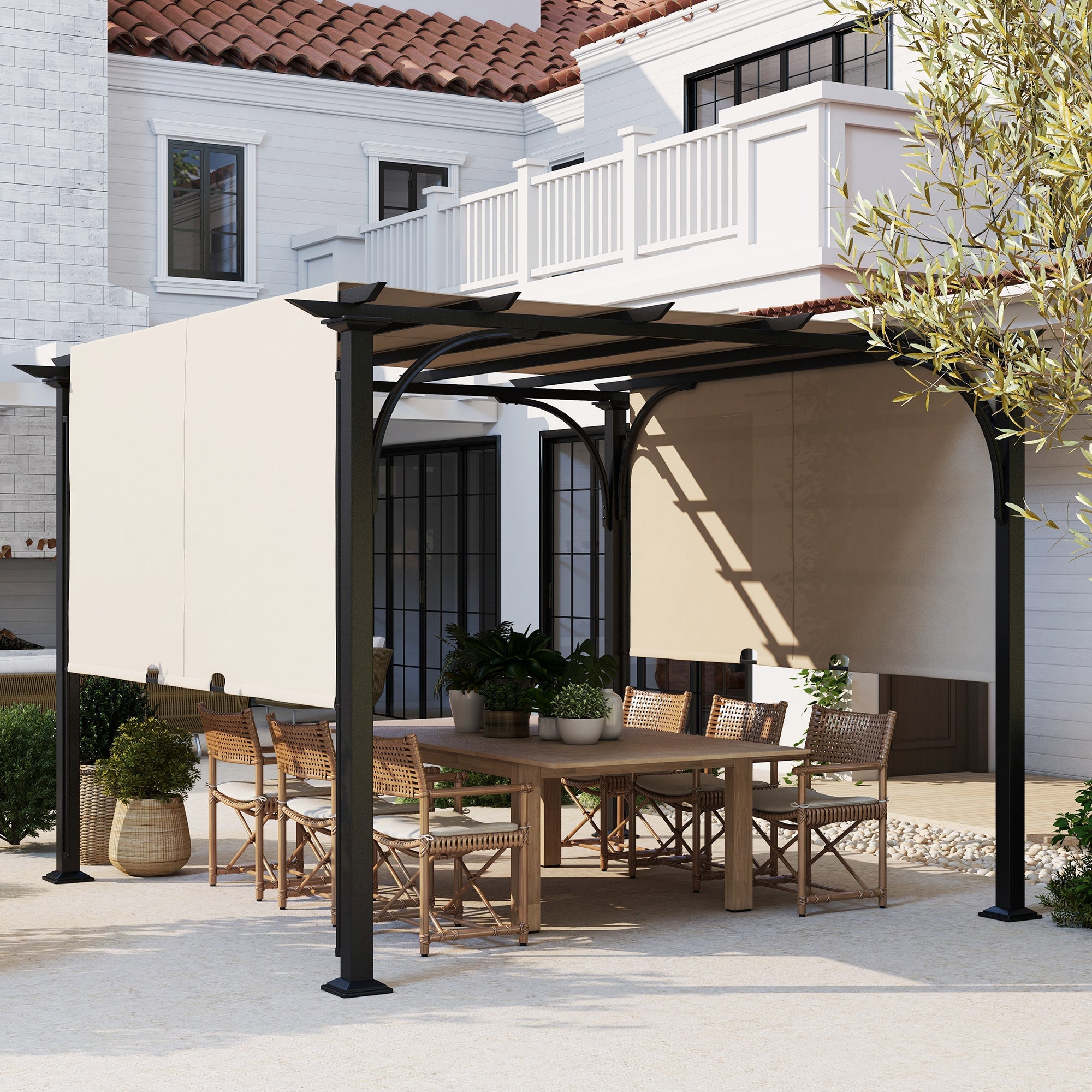 Outsunny Beige 10'x10' Outdoor Pergola Patio Gazebo Retractable Canopy Sun Shelter Steel Frame 