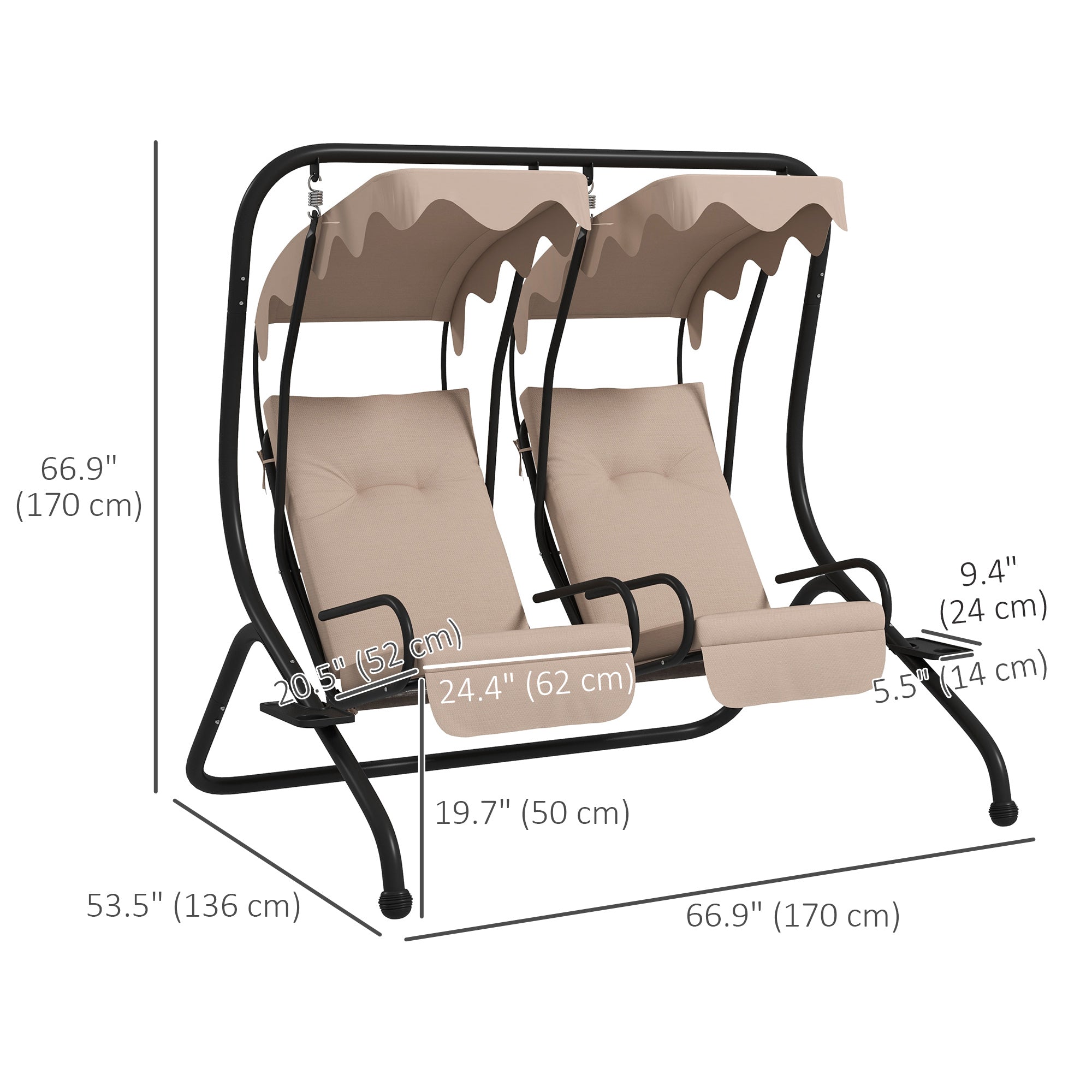 Outsunny 2-Seater Outdoor Porch Swing with Canopy, Patio Swing Chair for Garden, Poolside, Backyard, Beige 