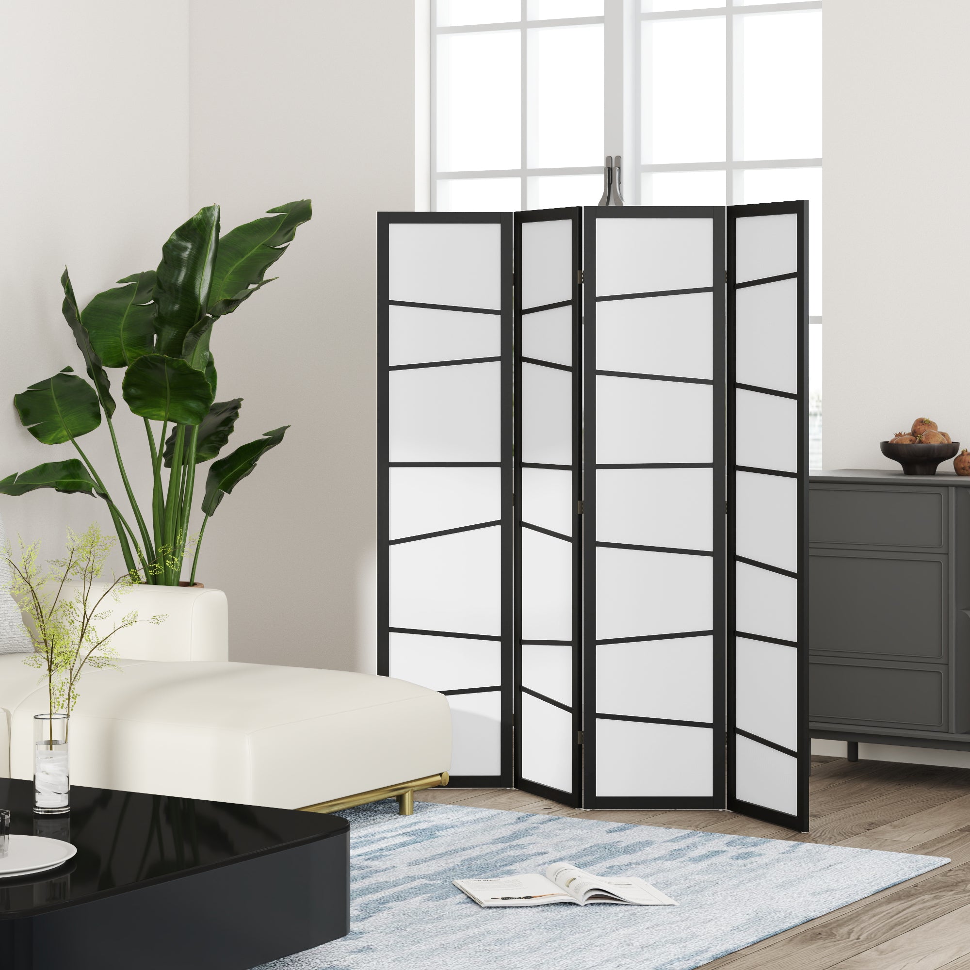 HOMCOM 5.6ft Folding Room Divider, 4 Panel Wall Partition with Wood Frame for Bedroom, Home Office, White 