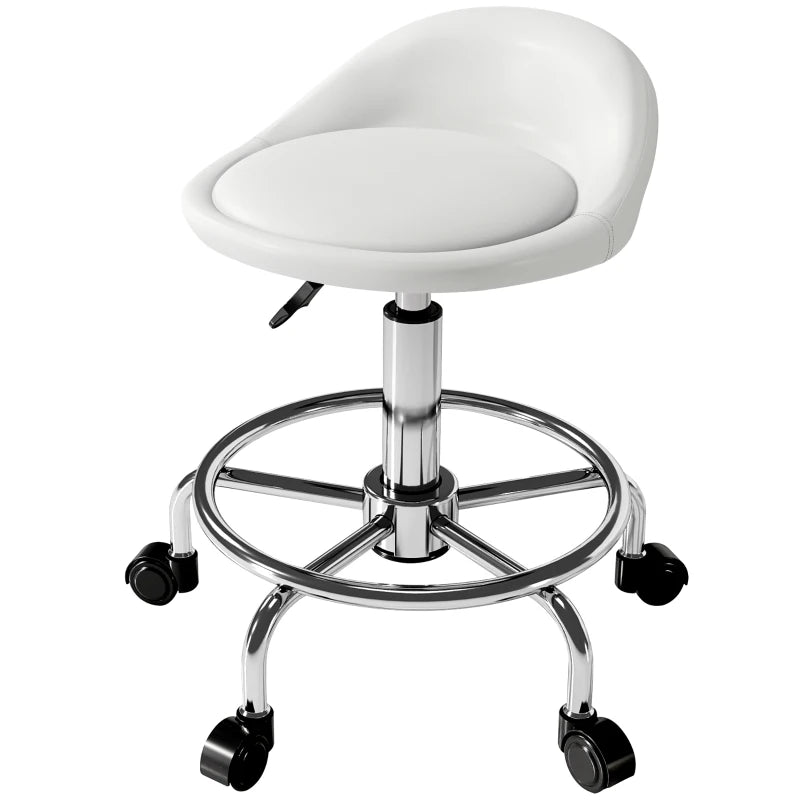 PU Leather Rolling Stool, Height Adjustable Swivel Salon Chair with Backrest and Foot Rest for Spa, Tattoo, White