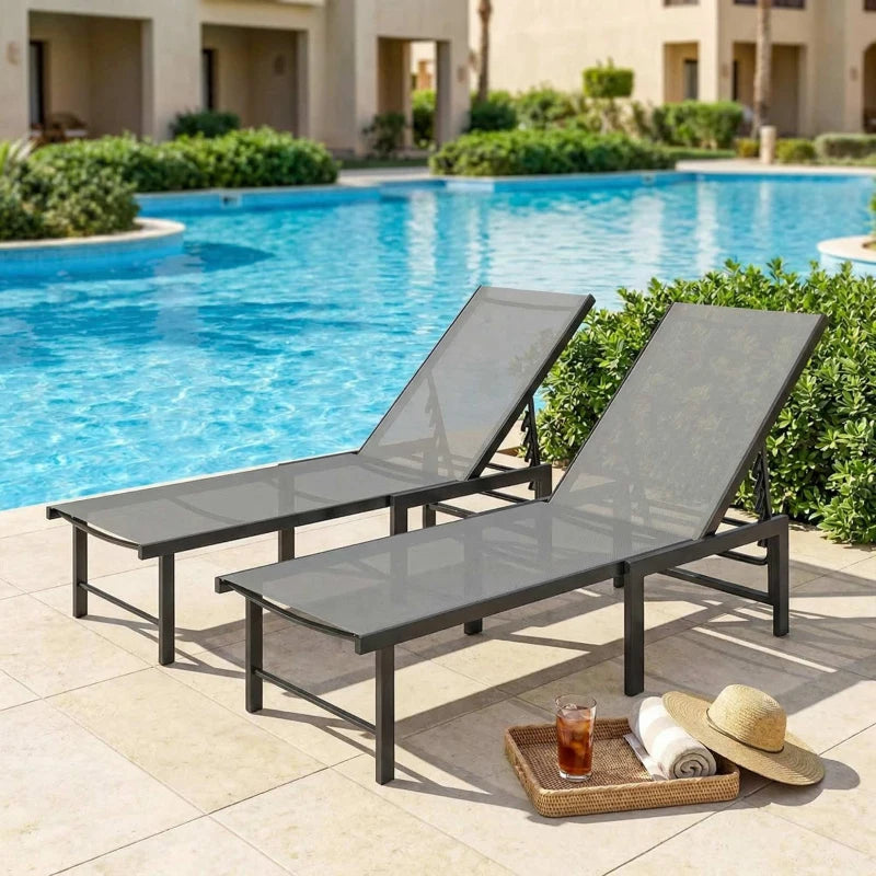 Outdoor Lounge Chair Set of 2, 5-Position Reclining Outdoor Chaise Lounge Tanning Chair with Mesh Seat, Grey