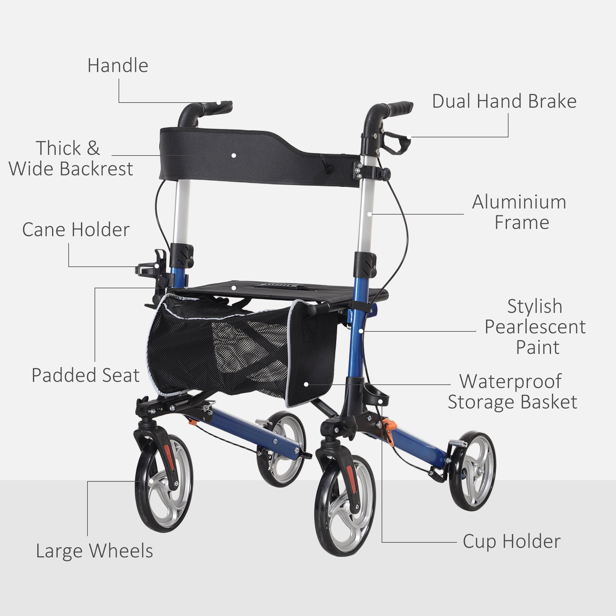 HOMCOM Lightweight Folding Rolling Walker with Large Seat, Back, Adjustable Handle, Bag, Dual Brake, Cane Holder, Blue 