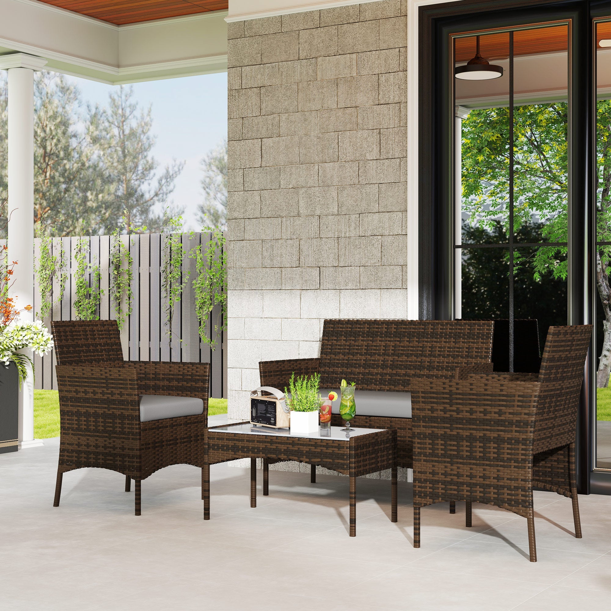 Outsunny 4 Pieces Wicker Outdoor Balcony Furniture Set Rattan Patio Furniture Set with Loveseat Chairs Glass Coffee Table Grey 