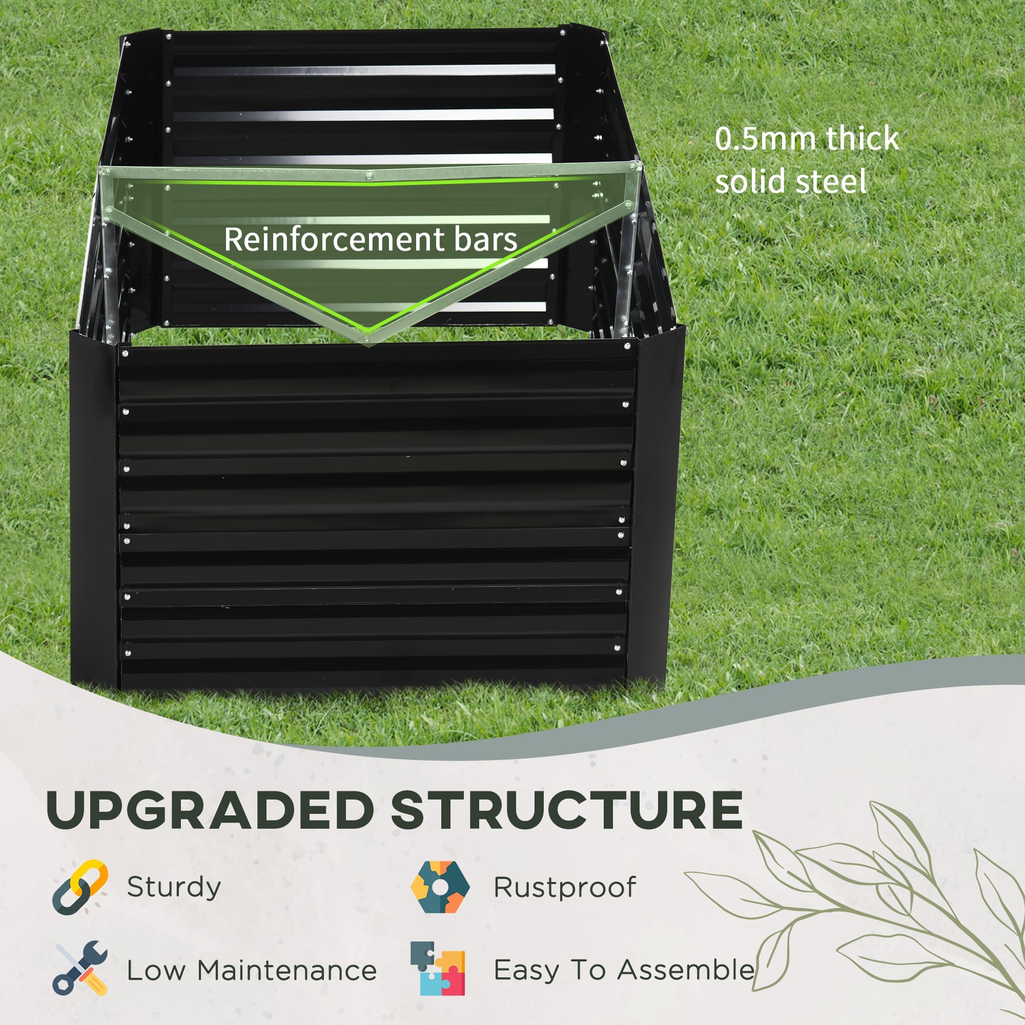 Outsunny Galvanized Steel Raised Garden Bed Outdoor Planters Reinforced Rods 71" x 35" x 23" Black 