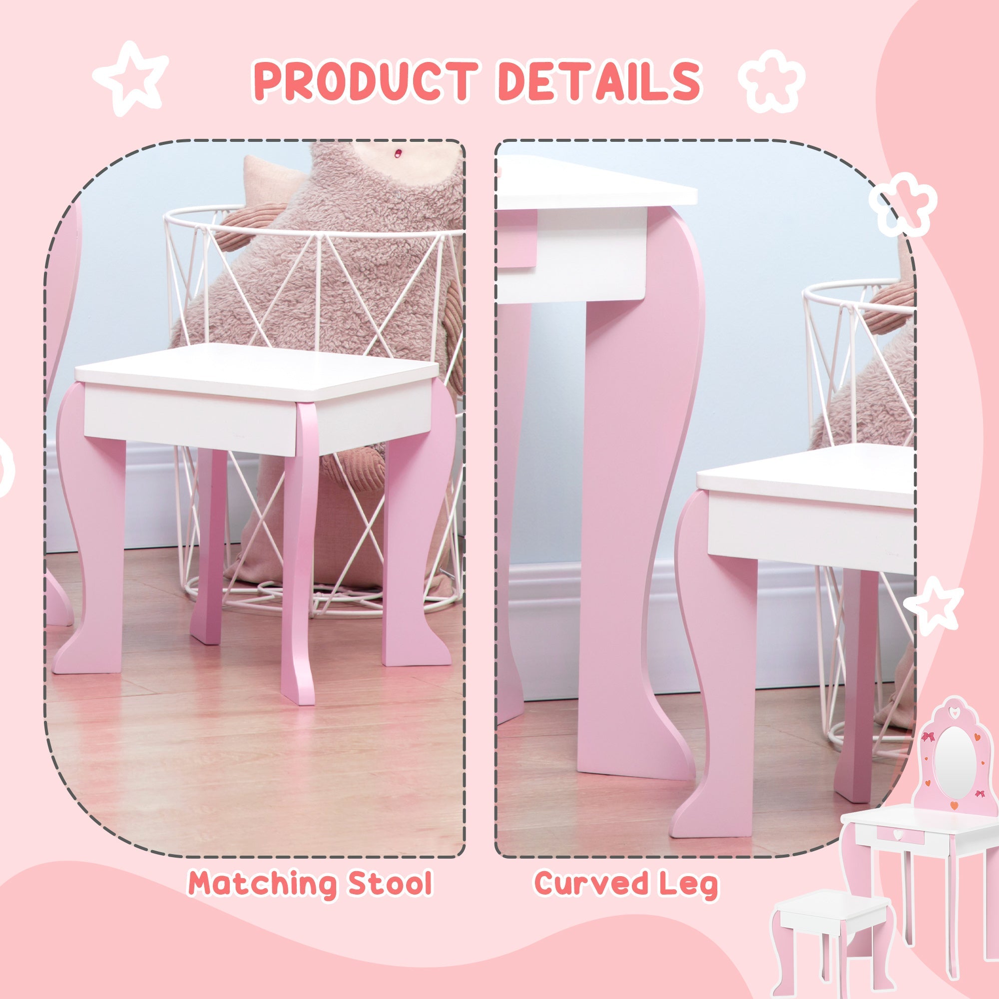 Qaba Petite Pampering: Kids Vanity Table and Chair Set with Mirror Drawer, Cute Patterns for Girls 3-6 Years Old, Pink Delight 
