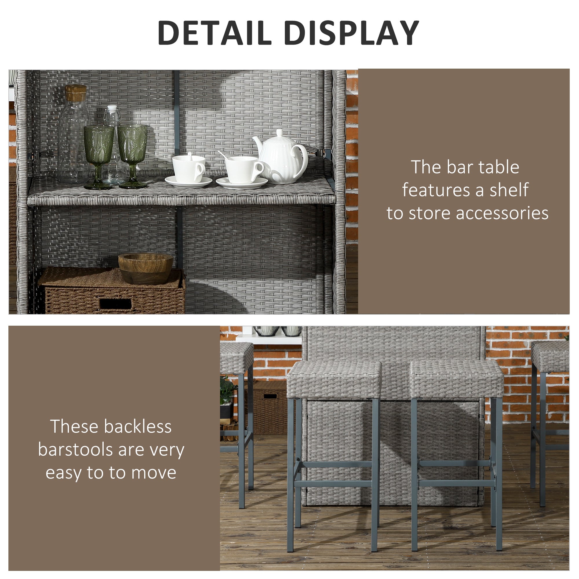 Outsunny 5 Pieces Patio Bar Set, Outdoor PE Rattan Wicker High Top Outdoor Table and Chairs Outdoor Bar Set with Tempered Glass Top Bar Table and Shelves, 4 Bar Chairs, Grey 