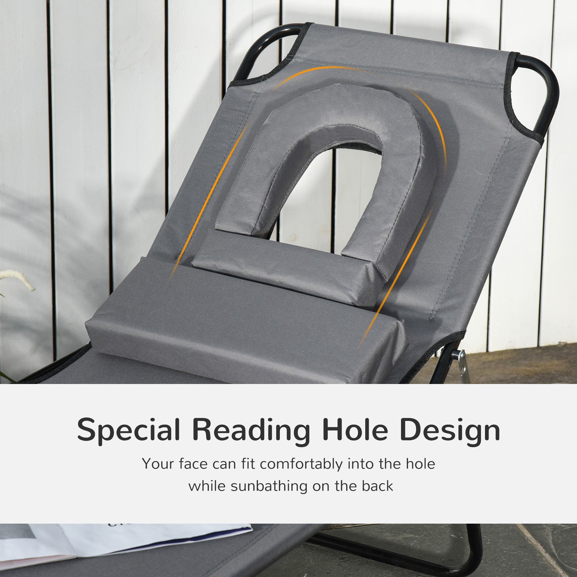 Outsunny Garden Sun Lounger Adjustable with Reading Hole Outdoor Reclining Seat Folding Camping Beach Bed Grey 