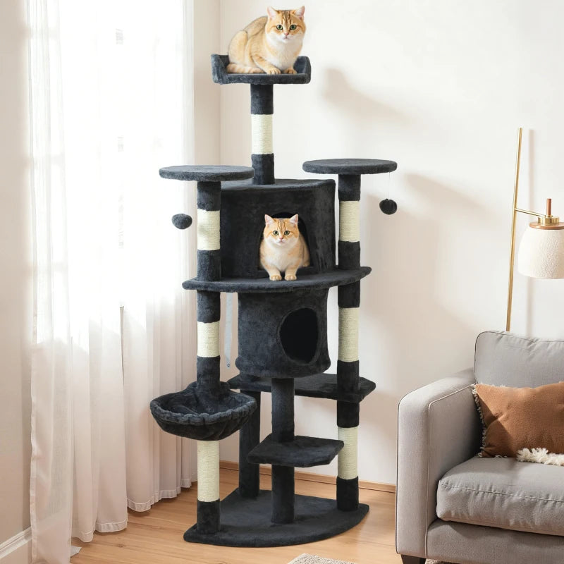 62" Cat Tree with Scratching Post, 2 Condos, Hammock, Perches, Plush, Pompoms, for Indoor Cats, Dark Grey