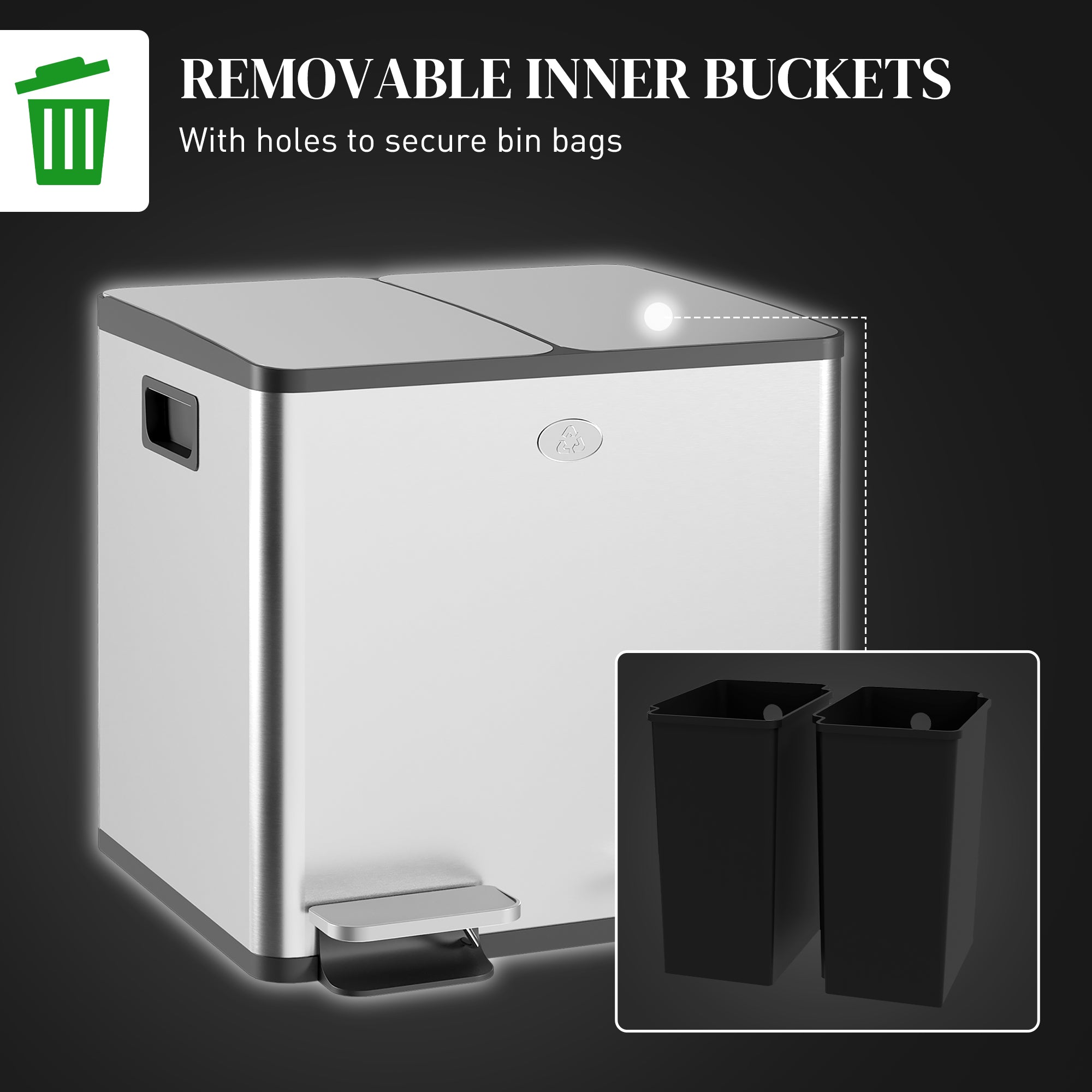 HOMCOM Dual Garbage Bin, Soft-Close Trash Can with Foot Pedal, 2 x 15 Liter Garbage Can with Removable Inner Buckets, Silver 